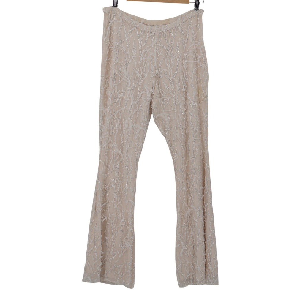 Vintage 90s Feather Beaded Silk Flare Pants Womens Size 6 Cream Wedding Luxe USA